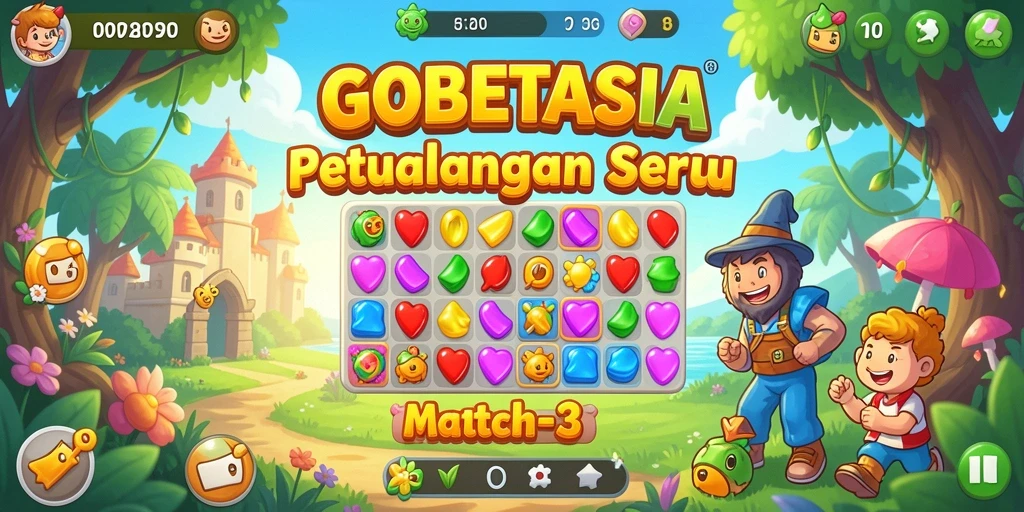 Tangkapan layar gameplay GOBETASIA menunjukkan aksi Match-3 yang menegangkan.