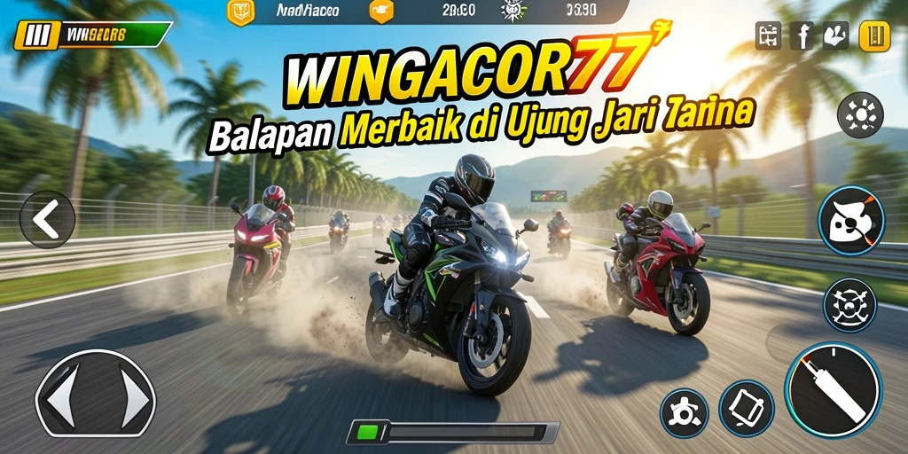 Screenshot gameplay <strong>WINGACOR77</strong> menunjukkan balapan mendebarkan di trek yang menantang.