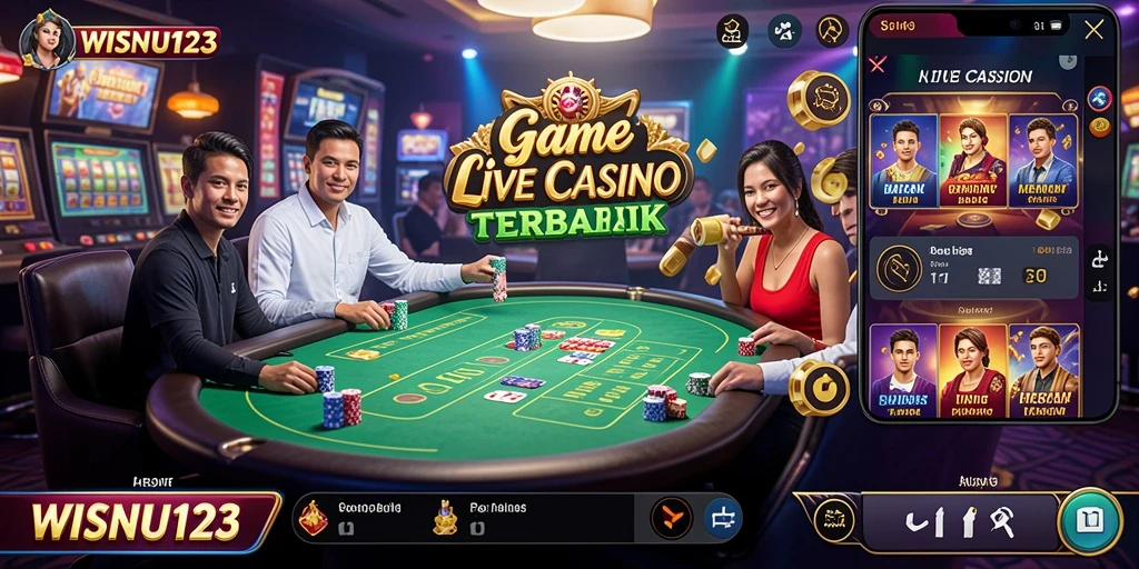 Screenshot utama WISNU123 menampilkan dealer live dan permainan kasino interaktif.